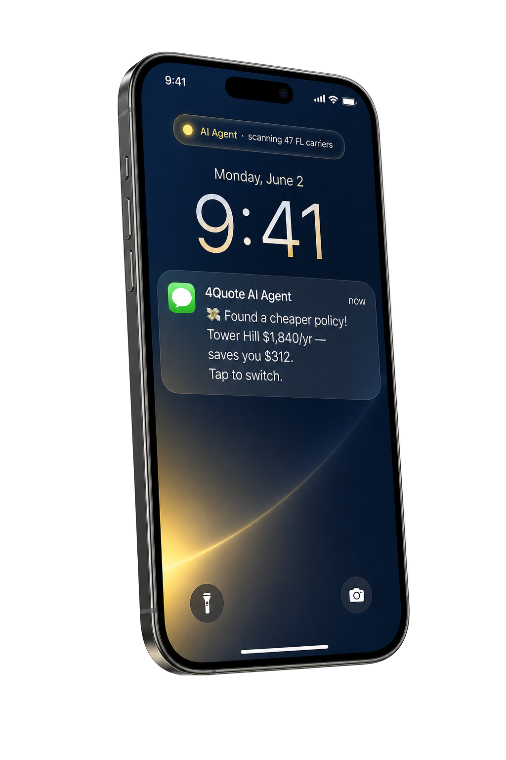 SMS alert from 4Quote AI Agent showing a cheaper Florida home insurance policy found